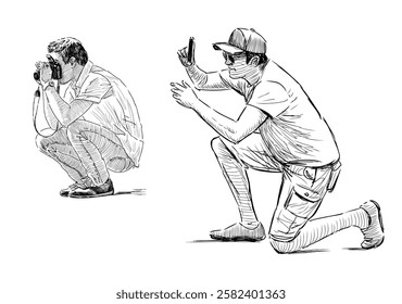 Sketches of two young casual men taking pictures on camera, smartphone, crouched, photographing outdoors, realistic hand drawing, vector illustration, isolated on white