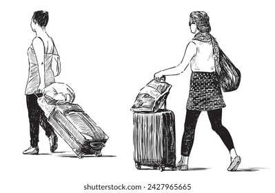 Sketches of two young casual women with suitcases and bags going in summer vacation, black and white hand drawing isolated on white