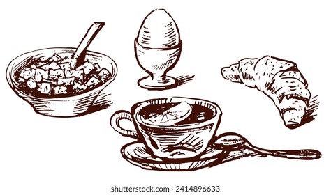 Sketches of various breakfast products, muesli, boiled egg, croissants, tea cup with lemon, vector illustration