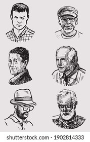 Sketches of various faces young people and seniors men