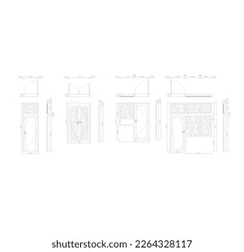 sketches of various kinds of doors in sketches with dimensions