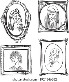 Sketches of various portraits people in picture frames