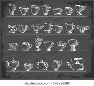 Sketches of vintage cups and tea pots on blackboard. Vector illustration. 