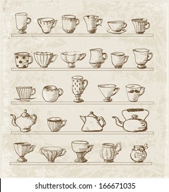 Sketches of vintage cups and tea pots. Vector illustration. 