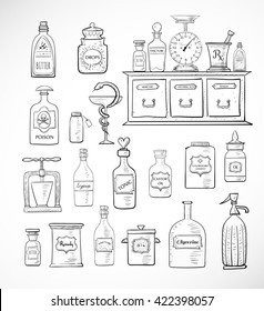 Sketches of vintage drugstore objects on white background. Pharmacy bottles, mortar and pestle, old apothecary cabinet, scales etc. 