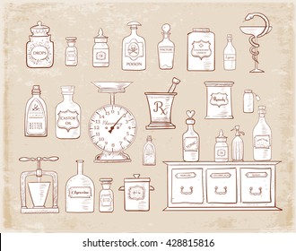 Sketches of vintage drugstore objects on vintage background. Pharmacy bottles, mortar and pestle, old apothecary cabinet, scales etc. 