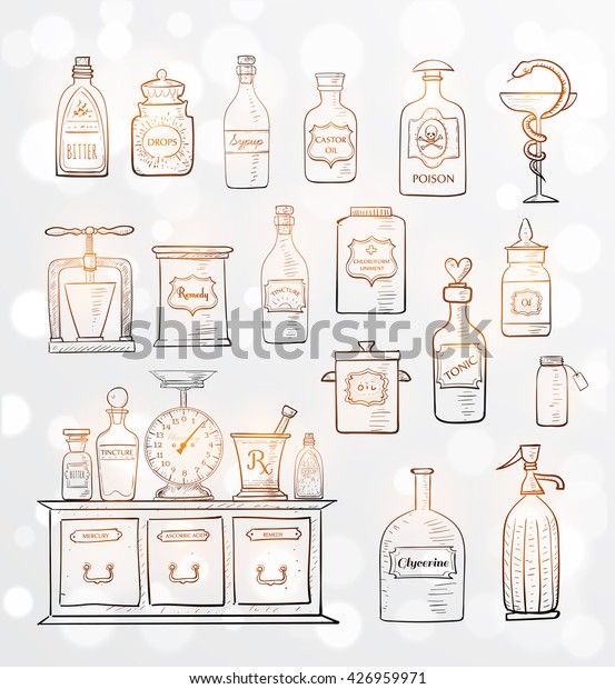 Sketches Vintage Drugstore Objects On White Stock Vector Royalty