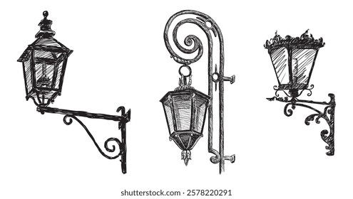 Sketches of vintage street lamps, antique ornate lanterns, vector hand drawn illustration