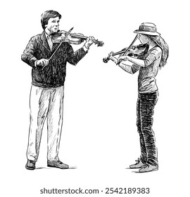 Esboços de violinistas tocando ao ar livre, homem e menina, pai e filha, músicos de rua, desenho de mão realista, ilustração vetorial