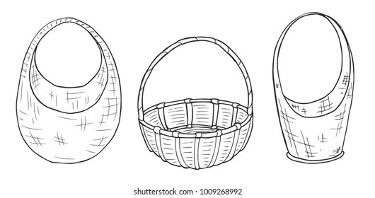 Sketches wicker baskets of different shapes. Freehand drawing with a marker. Sketch. Vector