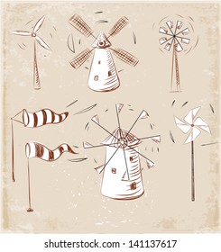 Sketches of wind facilities. Vector illustration in vintage style.