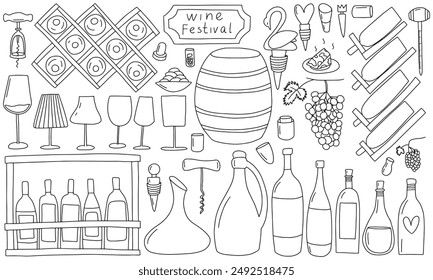 Bocetos de conjunto de vino. Iconos de Vector en estilo dibujado a mano. Vasos, botellas de vino, uvas, corcho, jarra