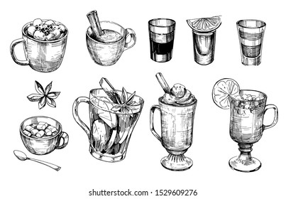 Sketches of winter drinks. Hot chocolate, shots, mulled wine, coffee. Hand drawn vector