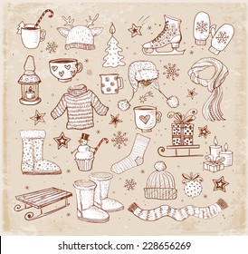 Sketches of winter elements hand-drawn in vintage style