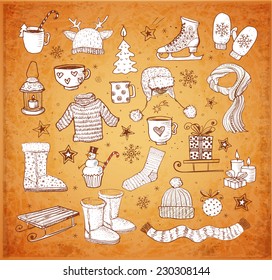Sketches of winter elements hand-drawn in vintage style. Vector sketch illustration.
