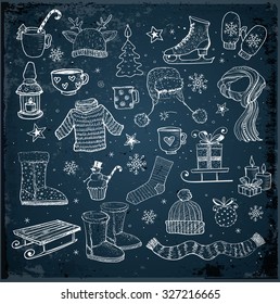 Sketches of winter elements on blue background: boots, warm clothes, lantern, scarf, sleigh and others.