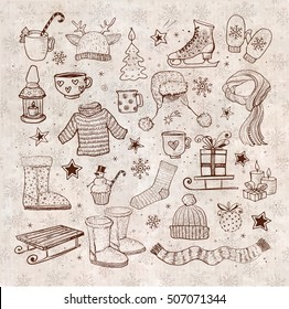 Sketches of winter elements on vintage background: boots, warm clothes, lantern, scarf, sleigh and others. Vector illustration in vintage style.