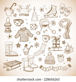 Sketches of winter elements: ugg boots, warm clothes, lantern, scarf, sleigh and others. Vector illustration in vintage style.