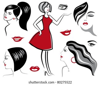 Sketches of woman's faces, figures and features