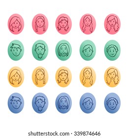 Sketches of women and man face icons set. Vector elements collection.