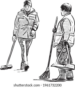 Sketches of women street cleaners with brooms and scoop