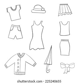 Sketches of women's clothing isolated on white background.