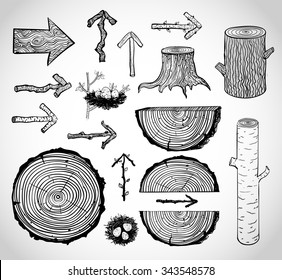 Sketches of wood cuts, logs, stump and wooden arrows isolated on white background