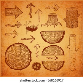 Sketches of wood cuts, logs, stump and wooden arrows 