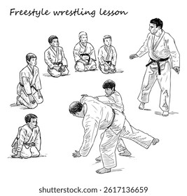 Sketches of wrestling trainer and his pupils in gym, realistic hand drawn vector illustration isolated on white