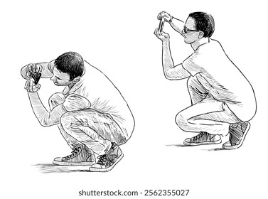 Sketches of young men crouching and taking pictures, photographing on smartphone, realistic hand drawing, vector illustration isolated on white