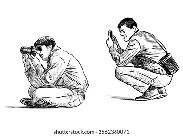 Sketches of young men crouching and taking pictures, photographing on camera, smartphone, realistic hand drawing, vector illustration isolated on white