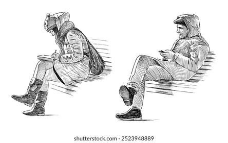 Sketches of young people sitting on park benches outdoors, using smart phone, writing in book, realistic hand drawing, vector illustration