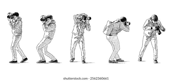 Sketches of young photographer taking pictures, photographing on camera, realistic hand drawing, vector illustration isolated on white