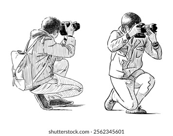 Sketches of young photographers crouching and taking pictures, photographing on camera, realistic hand drawing, vector illustration isolated on white