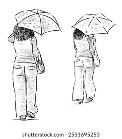 Sketches of young women in trousers under umbrellas walking outdoors on summer day, realistic hand drawn vector illustration isolated on white