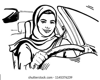 Sketching arabian woman drive a car. Hand drawn portrait of smiling happy muslim lady. Modern feminist illustration