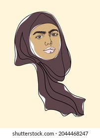 Sketching arabian woman in headscarf. Beautiful fashion portrait, hand drawn colorful outline illustration.