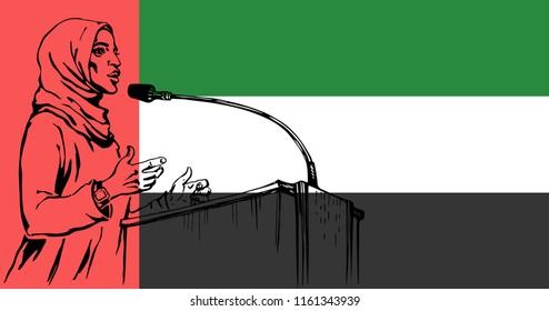Sketching arabian woman takes a speech and Emirates flag. Modern illustration of feminism, freedom, rules and diversity