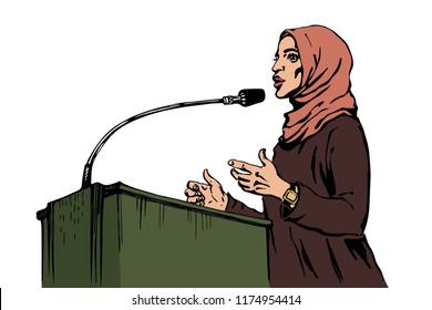 Sketching arabian woman takes a speech. Modern illustration of feminism, freedom, rules and diversity