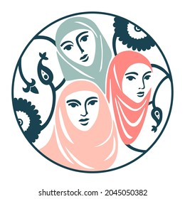 Sketching arabian women and floral pattern. Hand drawn circle logo with muslim ladies in cartoon flat style.