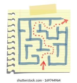 Sketching of arrow passing through labyrinth, on note paper, isolated on white. Abstract background on solution or strategy to solve problem concept.