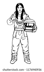 Sketching asian woman astronaut. Hand drawn portrait of young, strong lady scientist. Outline illustration of feminism and freedom