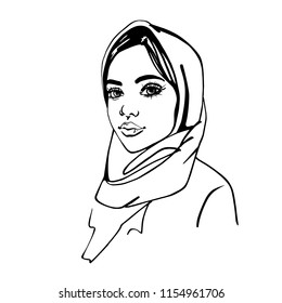 Sketching beauty arabian woman. Hand drawn fashion illustration. Portrait of pretty girl on white background