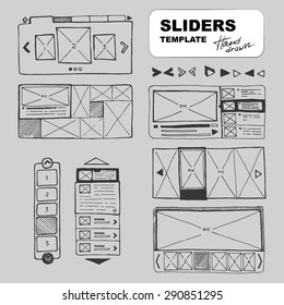 Desenho de grandes conjuntos de wireframe de controles deslizantes de galeria de fotos ou vídeos