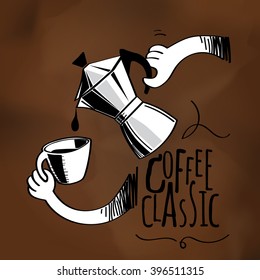 Sketching coffee pot pour the coffee into a glass with wording typography design. create by vector file