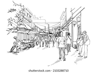 Sketching, crowded people walking at Warorot Market, Chiang Mai, Thailand during the holidays, outline monochrome.