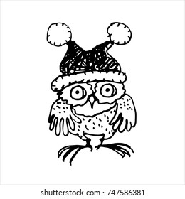 Sketching cute Christmas owl. Hand drawn cartoon character illustration