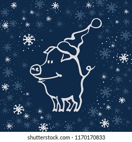 Sketching cute pig in Santa hat. Hand drawn New year symbol in cartoon style