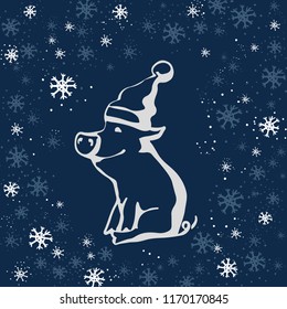 Sketching cute pig in Santa hat. Hand drawn New year symbol in cartoon style