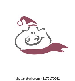 Sketching cute smiling pig in Santa hat. Hand drawn New year symbol in cartoon style